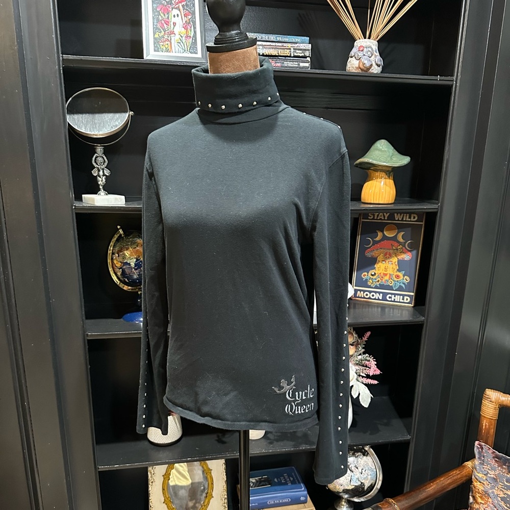 Harley‑Davidson Black Studded “Cycle Queen” Turtleneck Top Size Small